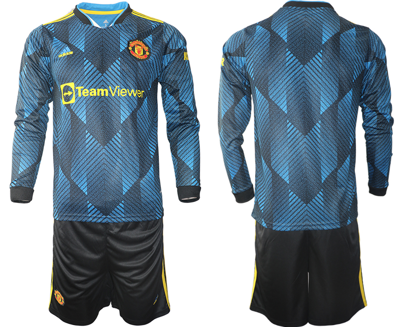 Men 2021-2022 Club Manchester united second away blue Long Sleeve blank Soccer Jersey->manchester united jersey->Soccer Club Jersey